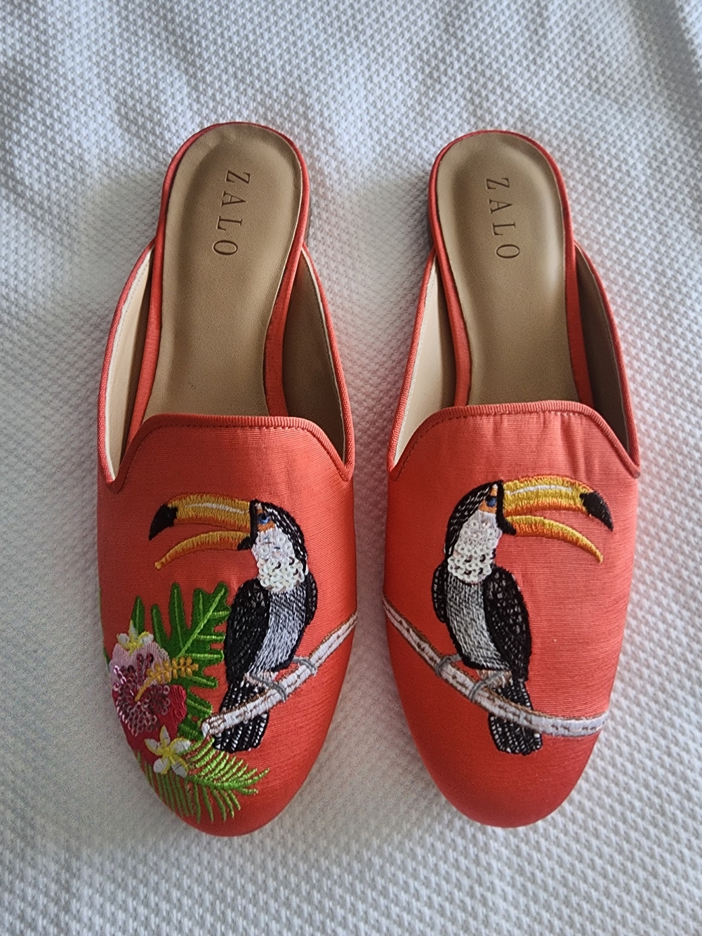 Halo Coral Embroidered Toucan Slip-On Mules